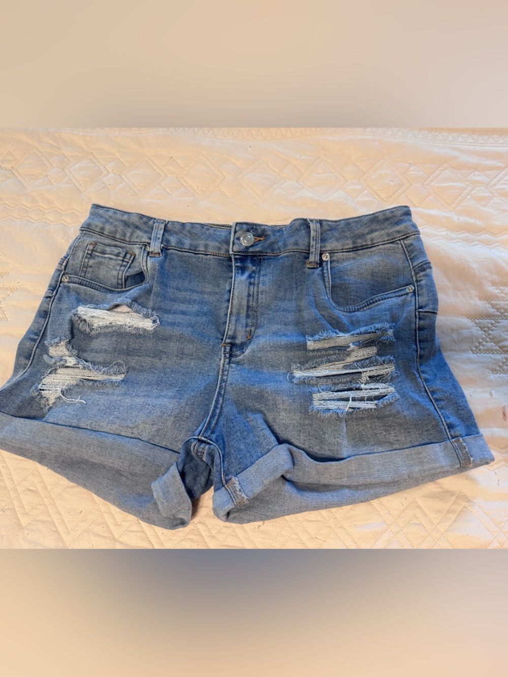 refuge Distressed Light Blue Rolled-Hem Denim Shorts